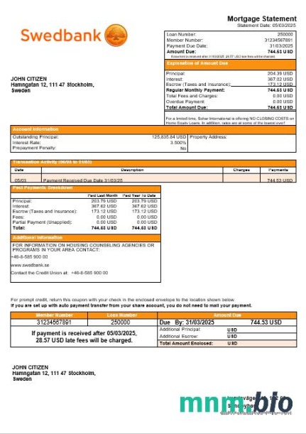 Szwecja Swedbank wyciąg z kredytu hipotecznego w formatach Word i PDF